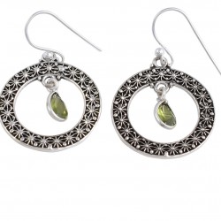 Peridot Dangle Hook Earring Solid 925 Sterling Silver Handmade Oxidized Silver Jewelry Gift For Her