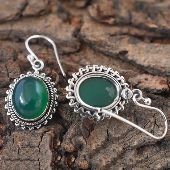 Asum Green Onyx Oval Cabochon 925 Silver Dangle Earring